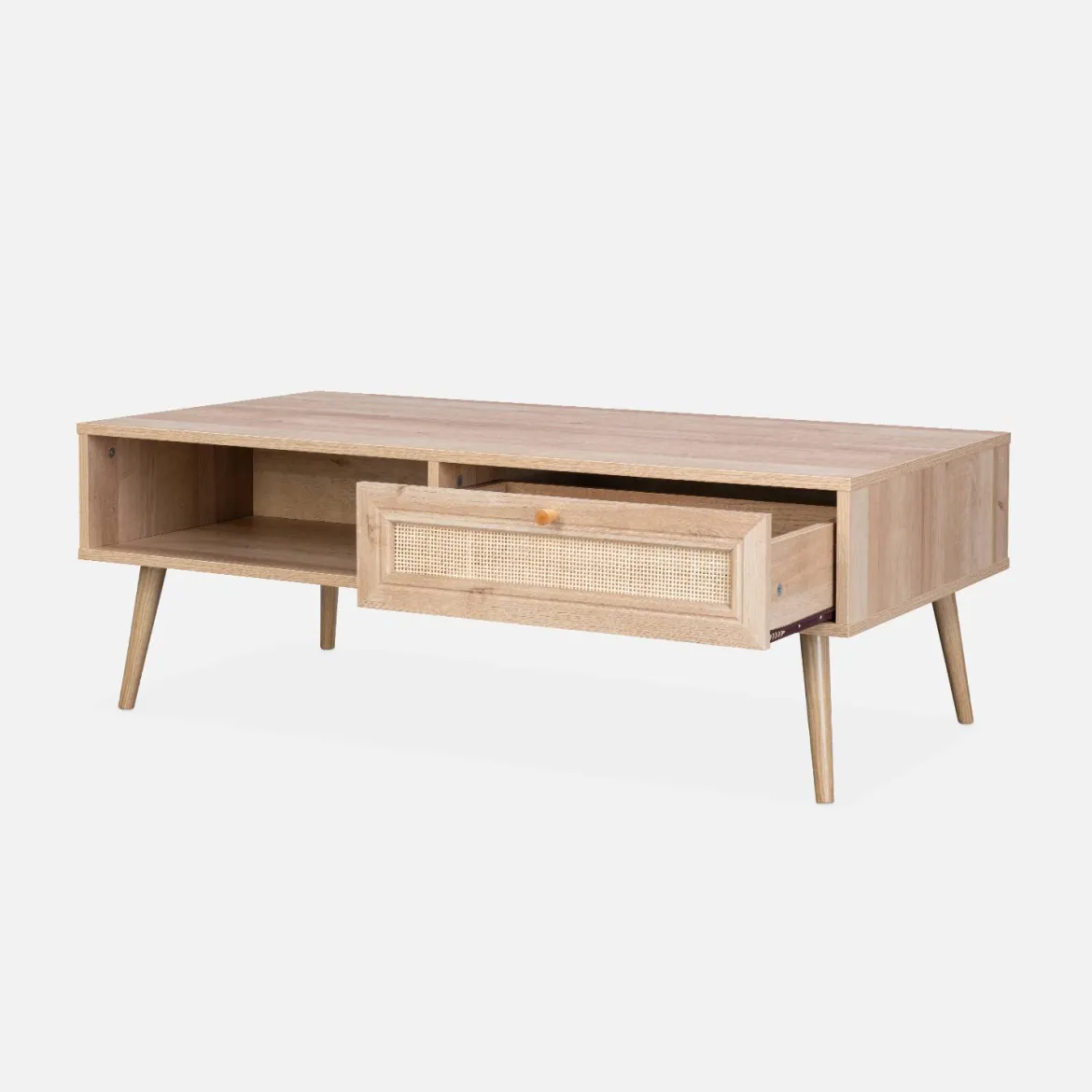 Tavolino scandinavo in vimini, 1 cassetto