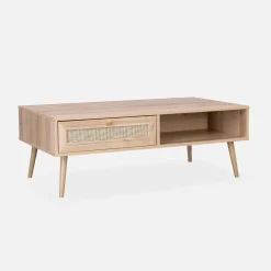 Tavolino scandinavo in vimini, 1 cassetto
