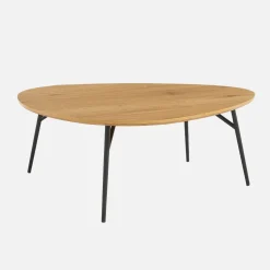 Tavolino triangolare con gambe in metallo nero e effetto rovere