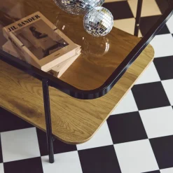 Tavolino vintage in metallo nero con piano in vetro