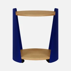 Tavolino e comodino in metallo curvato e legno con ruote