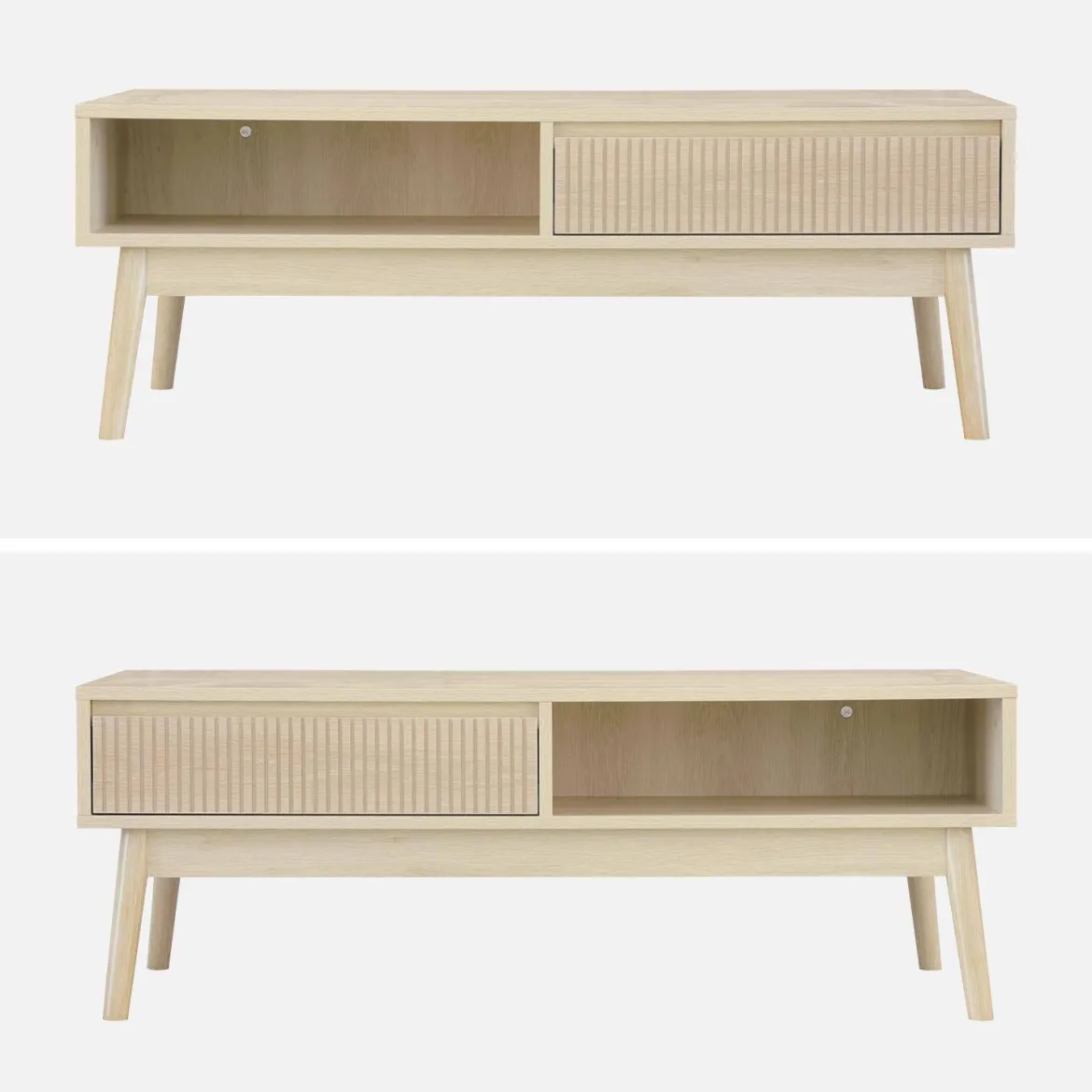 Tavolino scandinavo, decoro in legno scanalato, 2 nicchie, 1 cassetto