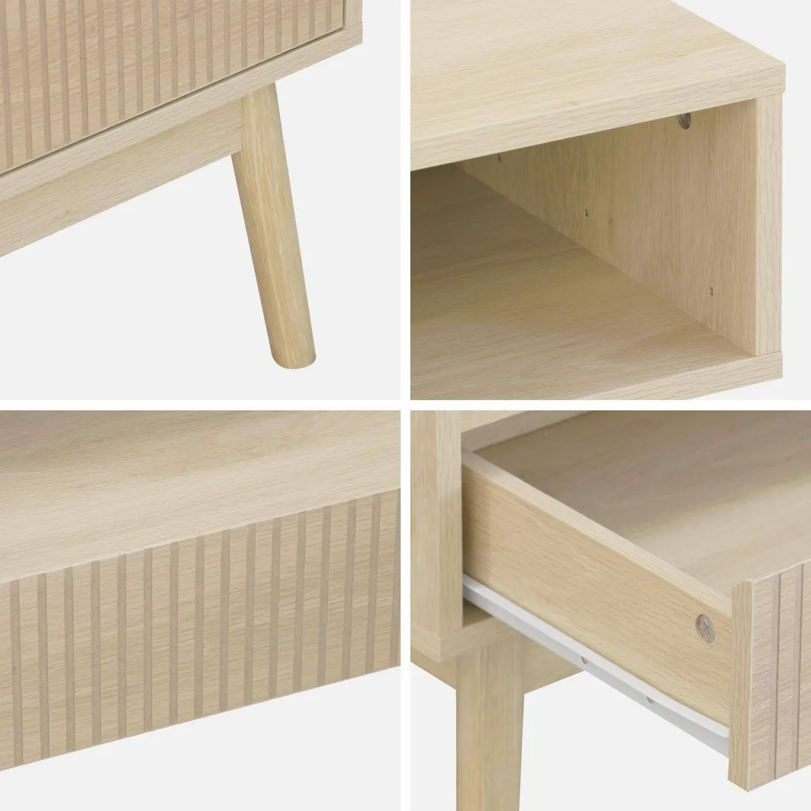 Tavolino scandinavo, decoro in legno scanalato, 2 nicchie, 1 cassetto