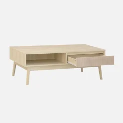 Tavolino scandinavo, decoro in legno scanalato, 2 nicchie, 1 cassetto
