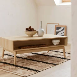 Tavolino scandinavo, decoro in legno scanalato, 2 nicchie, 1 cassetto