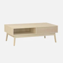 Tavolino scandinavo, decoro in legno scanalato, 2 nicchie, 1 cassetto