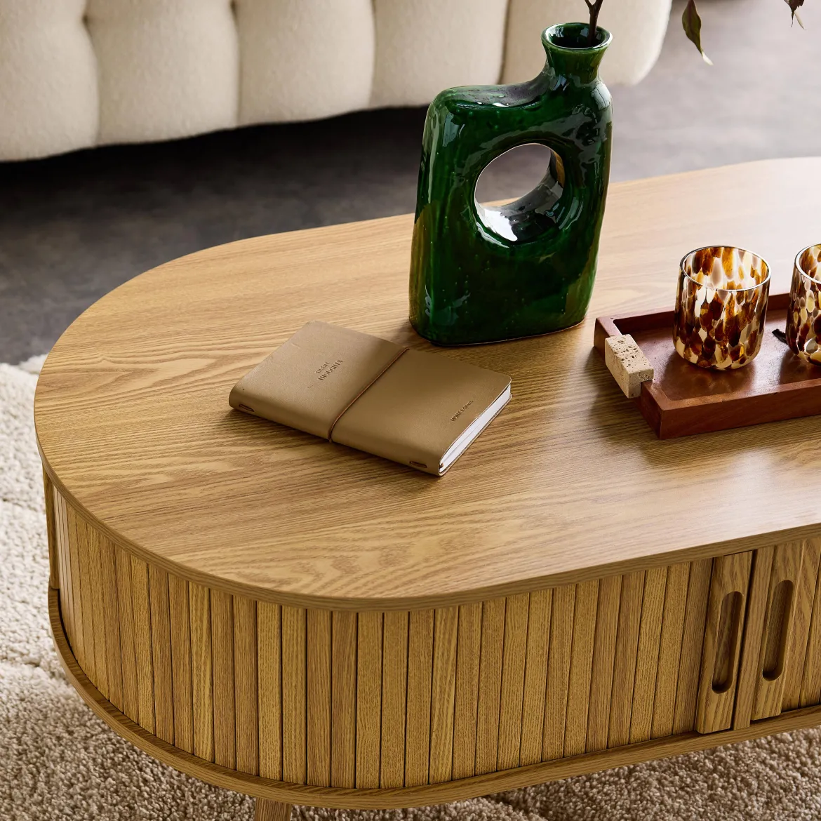 Tavolino scandinavo effetto legno scanalato 2 ante scorrevoli