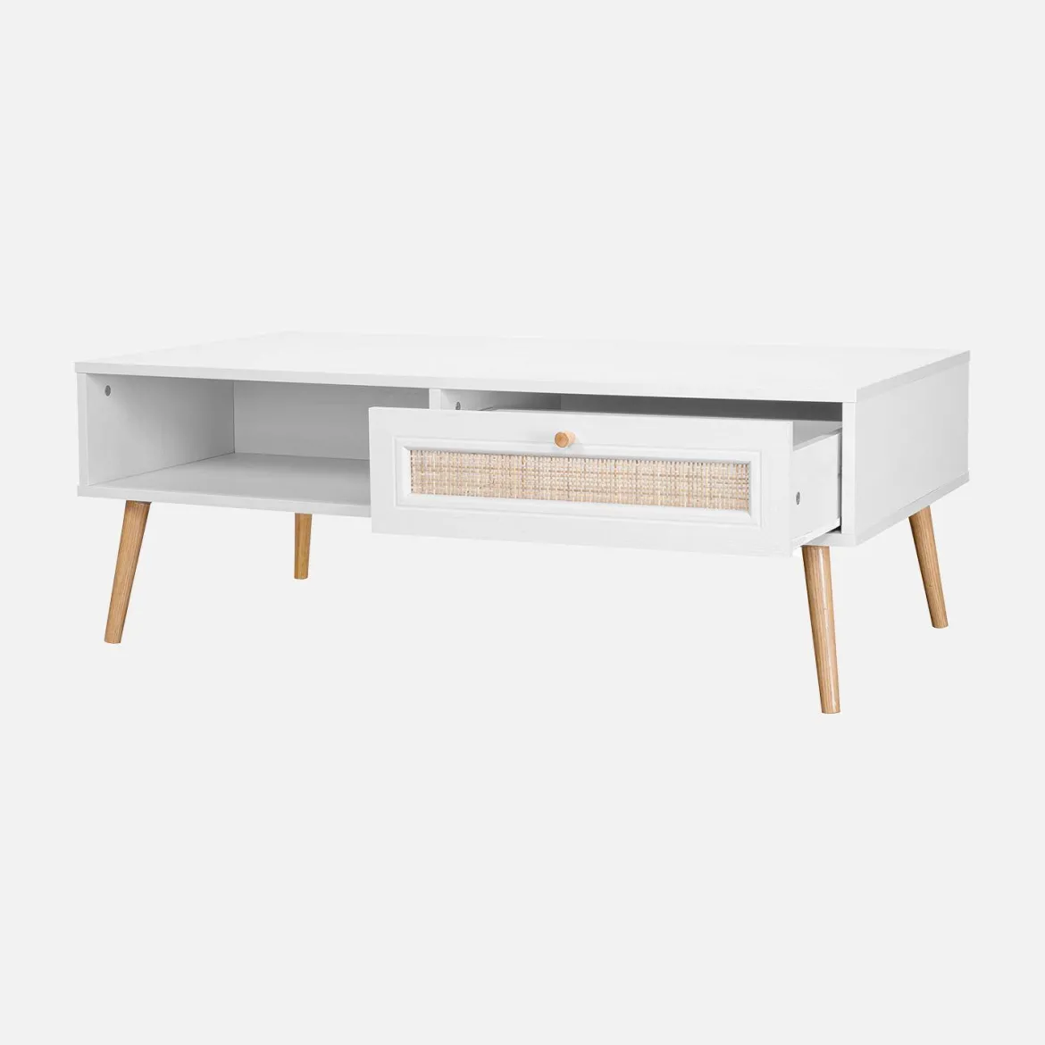 Tavolino scandinavo in vimini, 1 cassetto