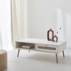Tavolino scandinavo in vimini, 1 cassetto