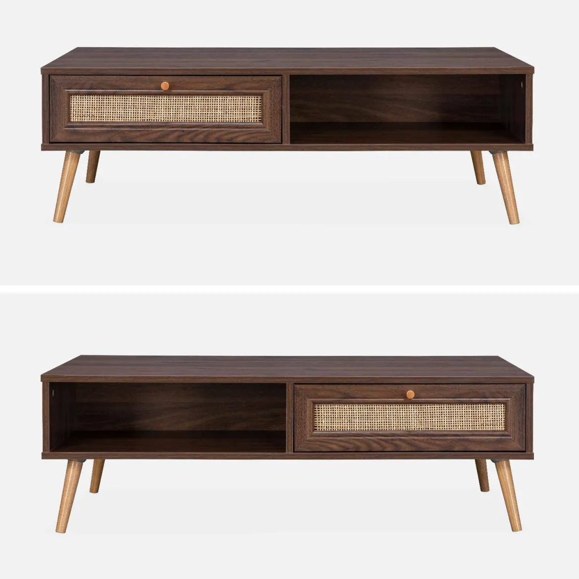 Tavolino scandinavo in vimini, 1 cassetto