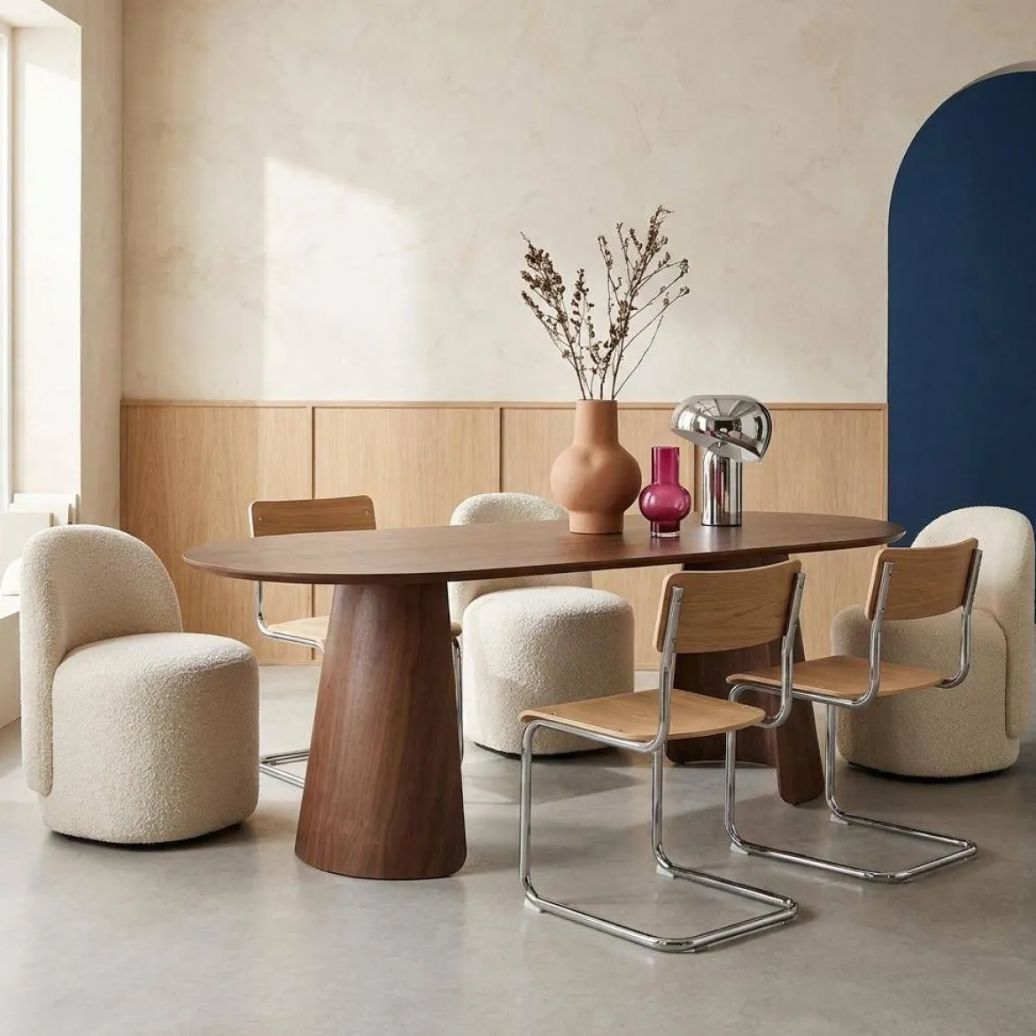 Tavolo da pranzo ovale decorato in legno, 8 posti
