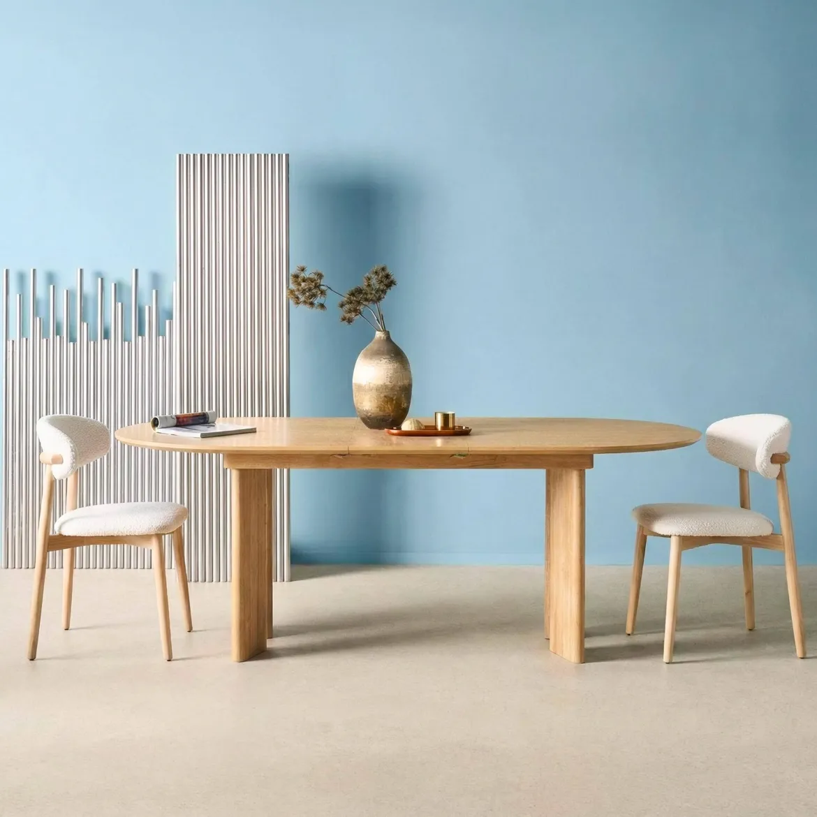 Tavolo da pranzo ovale allungabile in legno di hevea e impiallacciatura di rovere 6-8 posti
