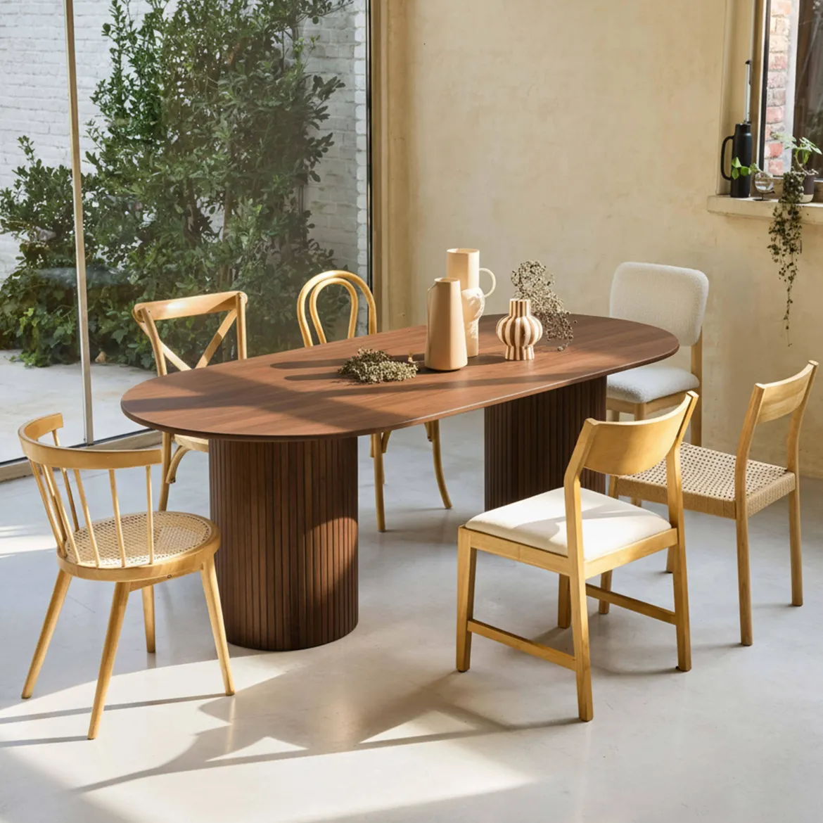 Tavolo da pranzo ovale in legno di hevea e impiallacciatura di rovere 8 posti