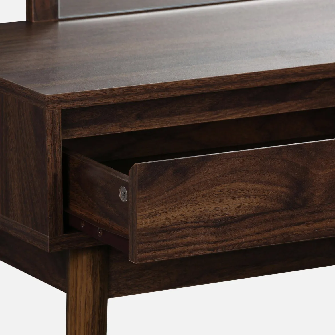 Toeletta trucco decorata in legno con specchio e 2 cassetti, 90cm