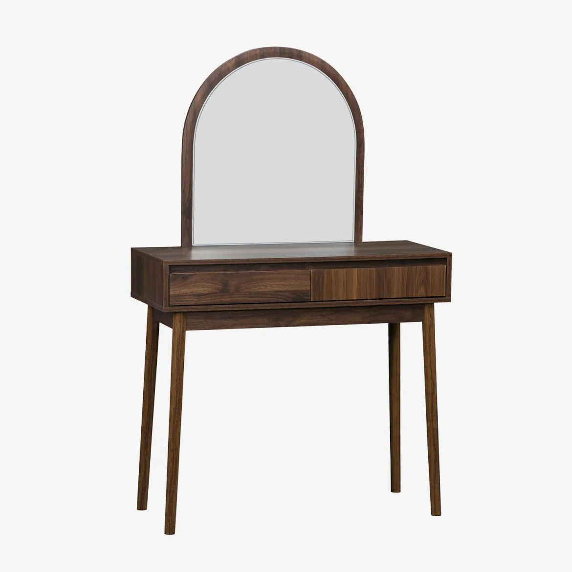 Toeletta trucco decorata in legno con specchio e 2 cassetti, 90cm