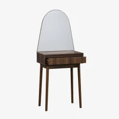 Toeletta trucco decorato in legno, specchio rotondo e 1 cassetto, 60cm